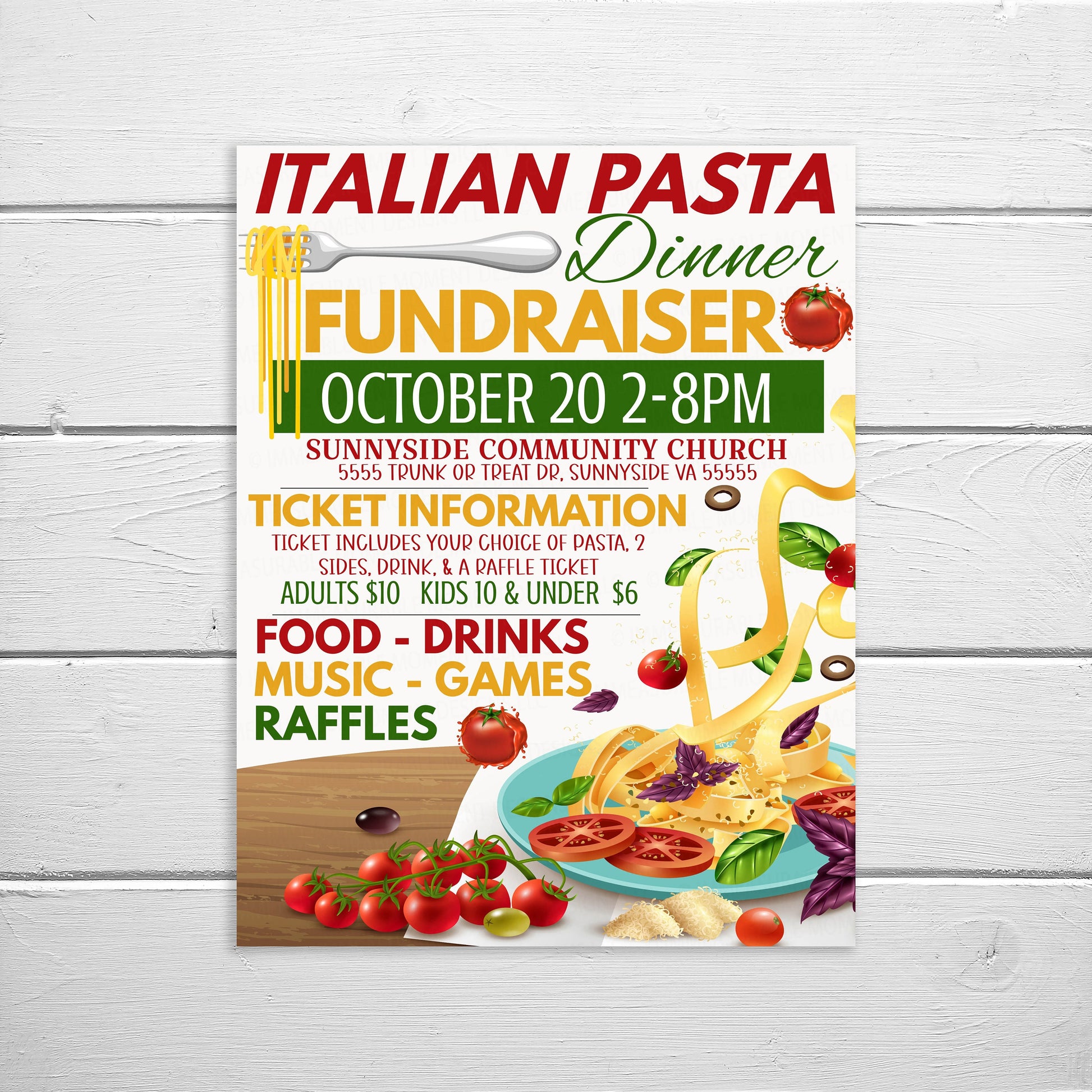 Editable Pasta Fundraiser Flyer, Spaghetti Italian Dinner Fundraising