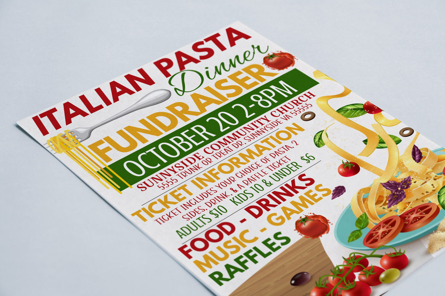 Editable Pasta Fundraiser Flyer, Spaghetti Italian Dinner Fundraising Invitation, School Church Business Charity Invite, PTA PTO Printable