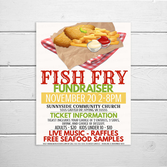 Editable Fish Fry Invitation Flyer, Seafood Frying Event Invite, Fundraiser School Church Business Community PTA PTO Printable, Fish Fries
