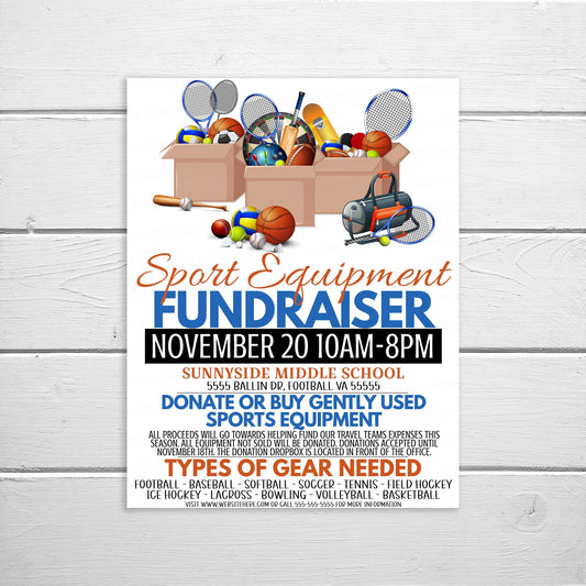 Editable Used Sports Equipment Flyer, School Church Sporting Goods League Fundraising, PTO PTA Community Donation Charity Event, Printable