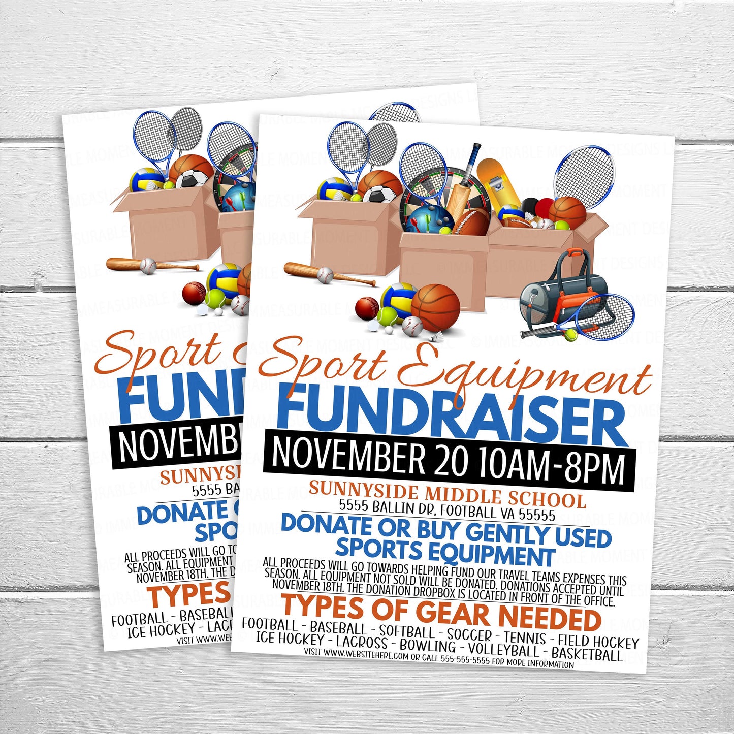 Editable Used Sports Equipment Flyer, School Church Sporting Goods League Fundraising, PTO PTA Community Donation Charity Event, Printable