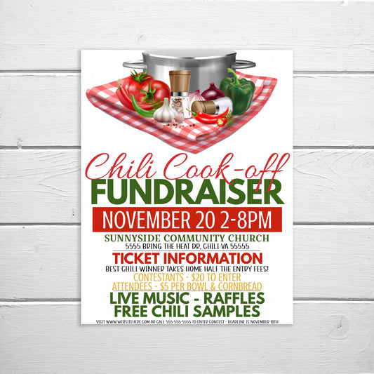 Editable Chili Cook-Off Invitation Flyer, Family Cookoff Competition Invite, Fundraiser School Church Business Community PTA PTO Printable