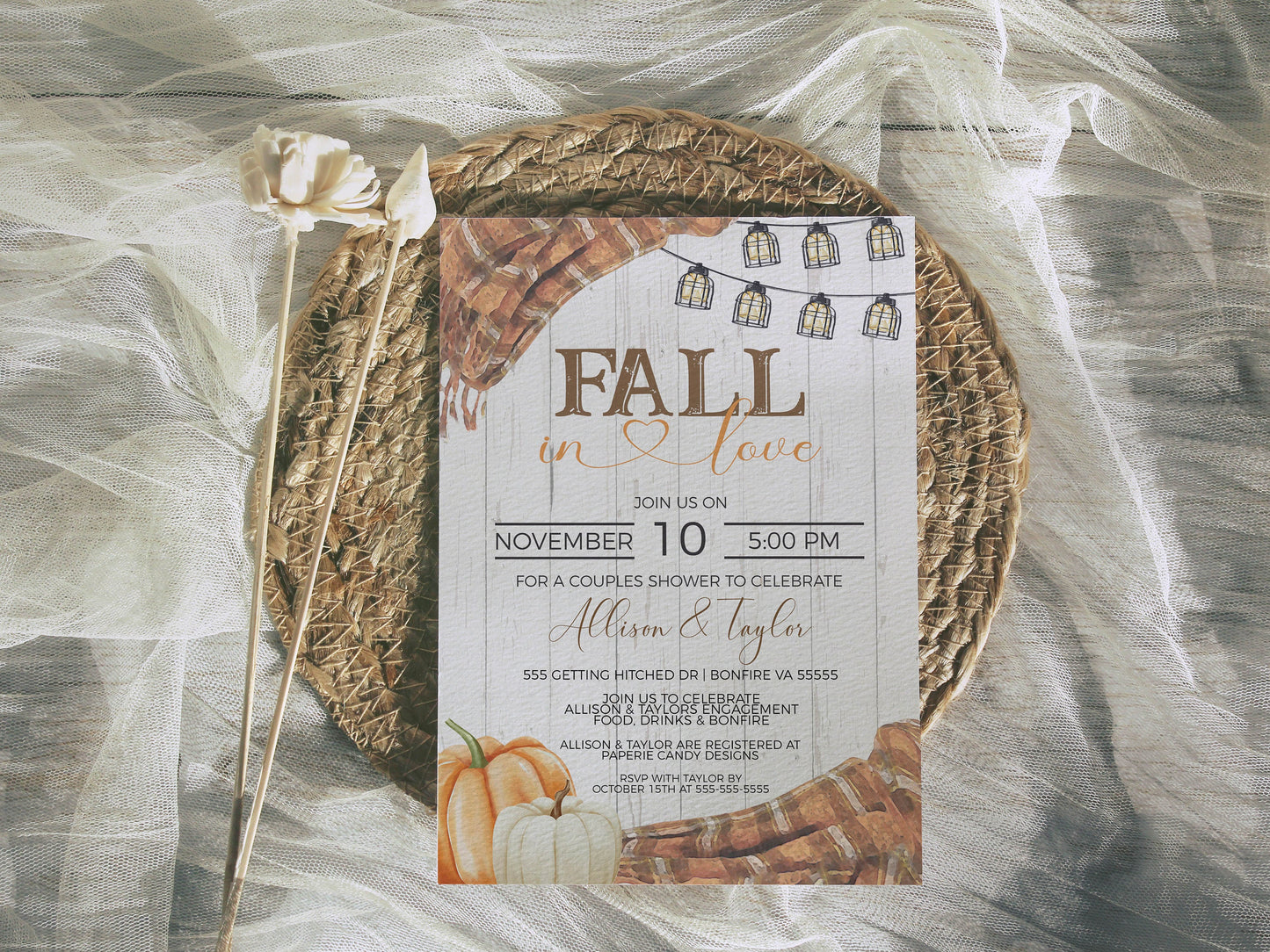 Fall Bridal Shower Invitation, Harvest Autumn Couple's Shower Invite, Fall In Love Wedding Engagement Party, Editable Printable Template