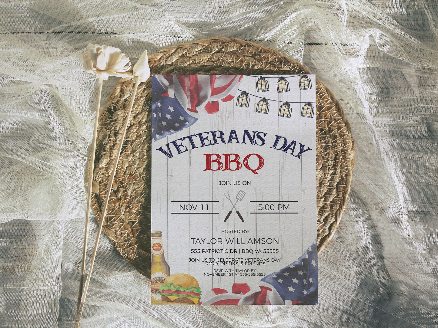 Veterans Day BBQ Invitation, Editable Babrecue Patriotic Invite, Cookout Red White Blue Watercolor Party, Military Appreciation Printable
