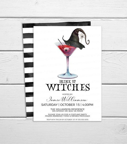 Halloween Party Invitation, Drink Up Witches, Ladies Night Bridal Bachelorette Minimalist Watercolor Invite, Costume Cocktails Printable