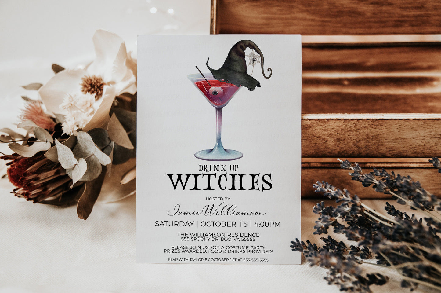 Halloween Party Invitation, Drink Up Witches, Ladies Night Bridal Bachelorette Minimalist Watercolor Invite, Costume Cocktails Printable