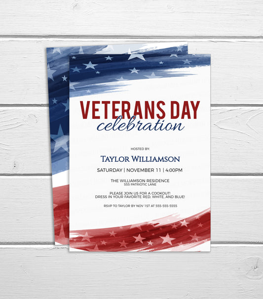 Veterans Day Invitation, Editable Patriotic Invite, 4th Of July, Red White Blue Watercolor Flyer, Cookout BBQ Parade, Block Party, Printable