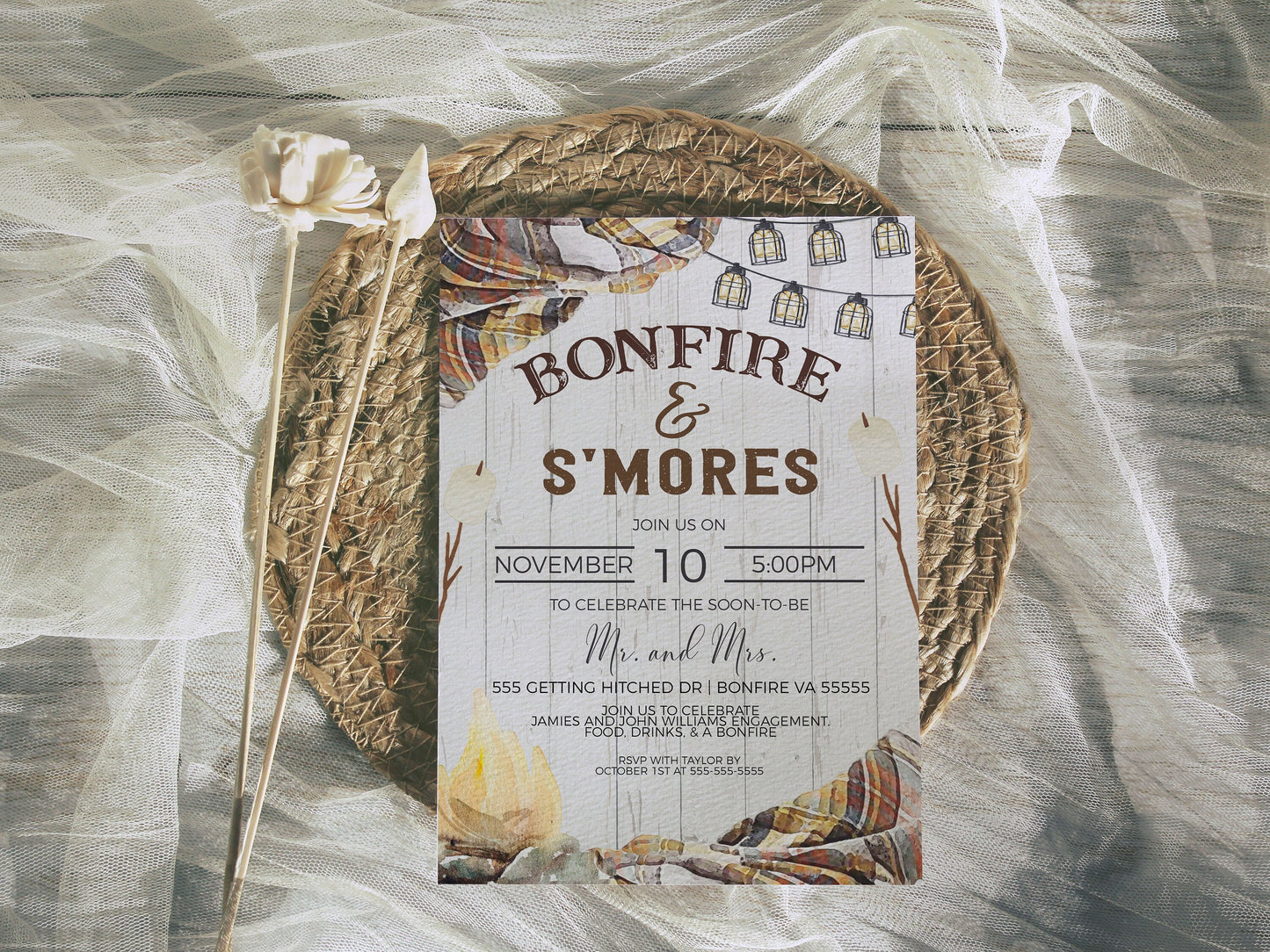 Bonfire S'more Invitation, Fall Autumn Couples Shower Invite, Backyard S'more Party, Mr Mrs, Birthday Party Campfire, Printable Editable