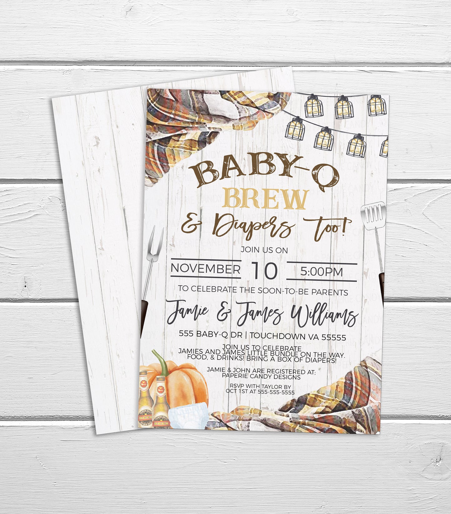 Fall Baby-Q Brew Diaper Shower Invitation, Autumn BBQ Beer Diapers Invite, Backyard Barbecue, Couples Baby Shower, Editable Printable
