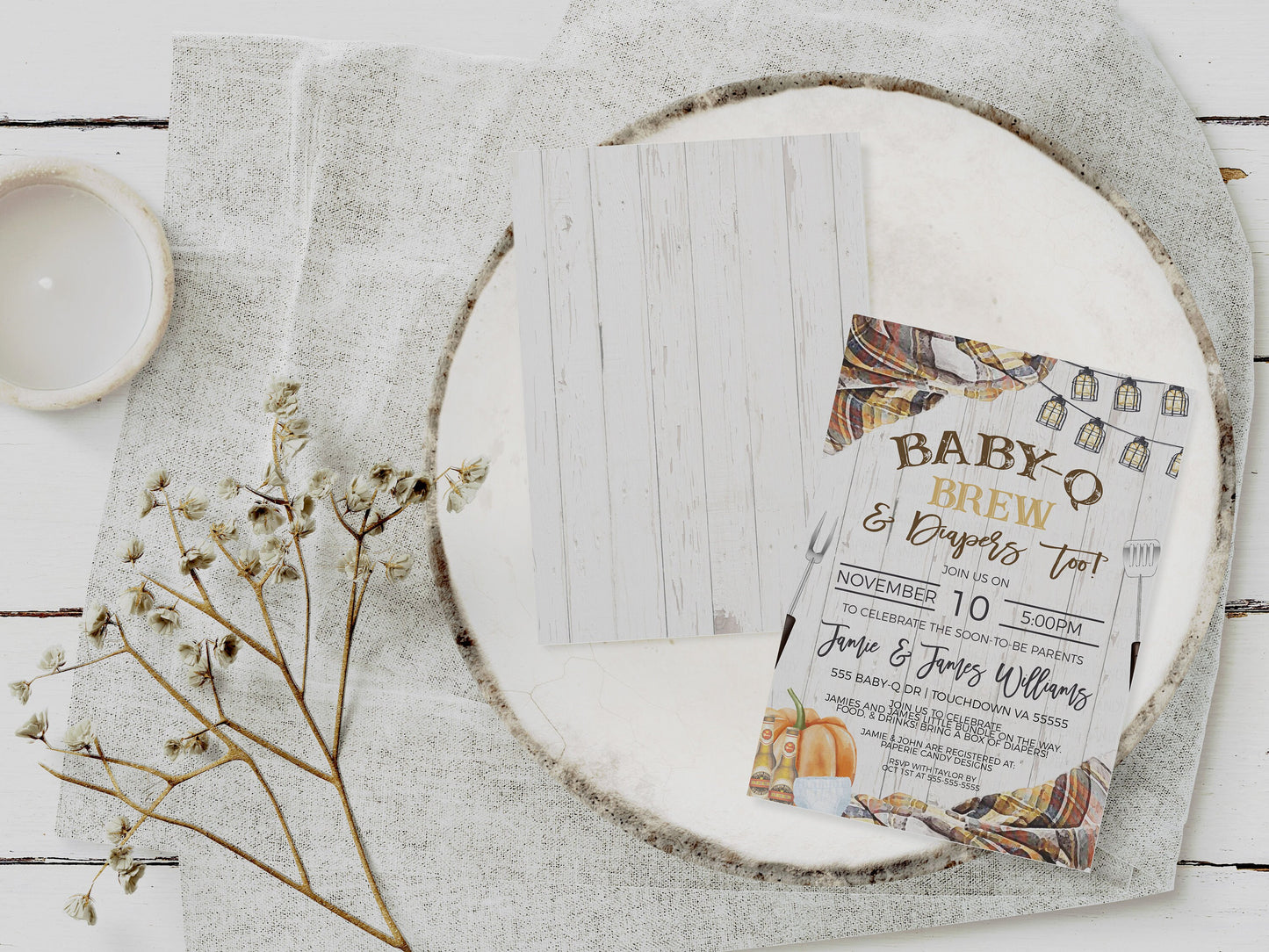 Fall Baby-Q Brew Diaper Shower Invitation, Autumn BBQ Beer Diapers Invite, Backyard Barbecue, Couples Baby Shower, Editable Printable