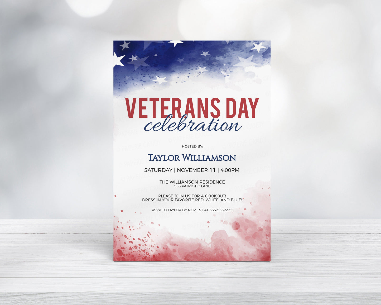 Veterans Day Invitation, Editable Patriotic Invite, 4th Of July, Red White Blue Watercolor Flyer, Cookout BBQ Parade, Block Party, Printable