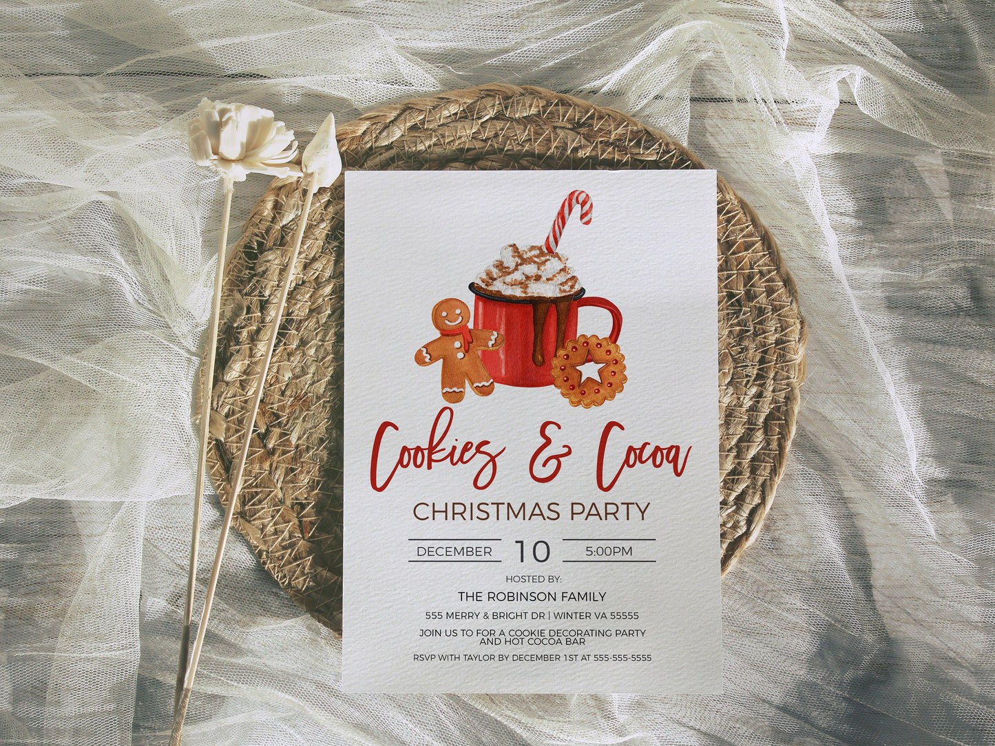 Cookies & Cocoa Party Invitation, Editable Cookie Decorating Party, Hot Chocolate Bar, Holiday Christmas Party, DIY Printable Template