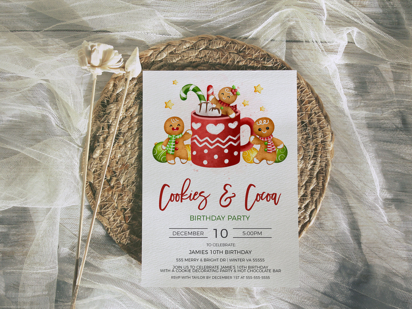Christmas Cookies & Cocoa Birthday Party Invitation, Editable Birthday Cookie Decorating And Hot Chocolate Bar Party, DIY Printable Template