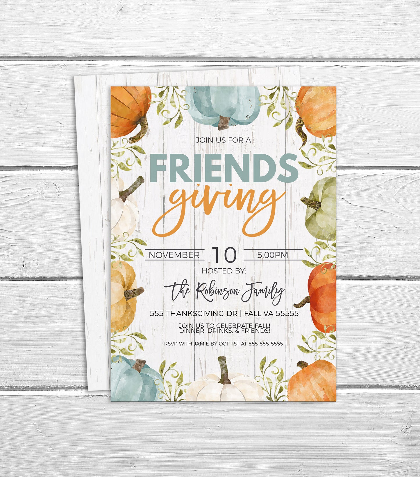 Editable Friendsgiving Invitation, Thanksgiving Party Invite, Fall Dinner Brunch Lunch Breakfast, Watercolor Pumpkins, Printable Template