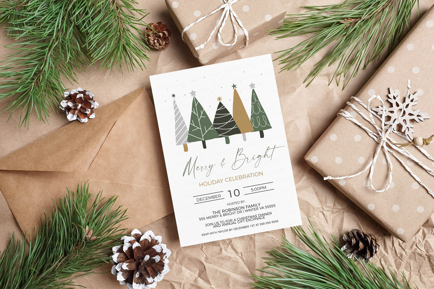 Merry And Bright Invitation, Editable Holiday Party Invite, Christmas Trees, Company Work Event, Christmas Lunch Dinner Luncheon, Printable