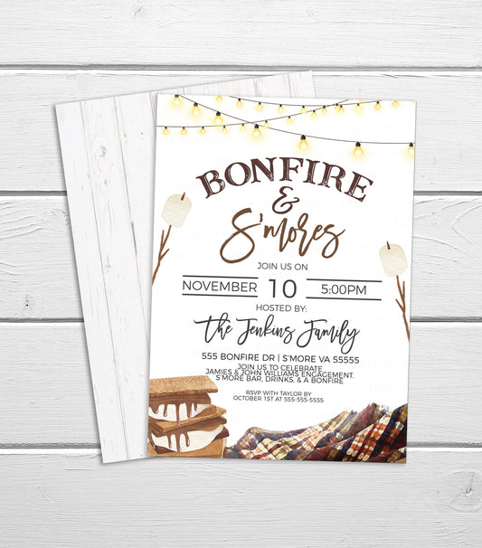 Bonfire And S'more Invitation, Couples Engagement Shower Invite, Backyard S'mores, Mr Mrs, Birthday Party Campfire, Printable Editable