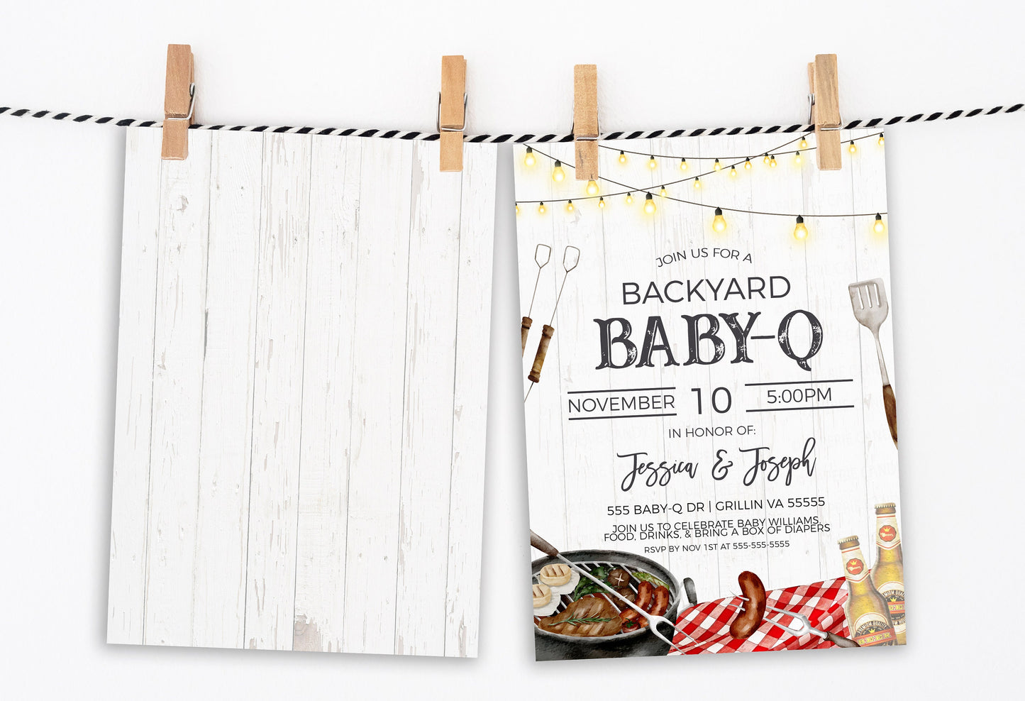 Backyard Baby-Q Couples Shower Invitation, BBQ Burgers Beer Diapers Invite, Backyard Barbecue, Co-Ed Baby Shower Editable Printable Template