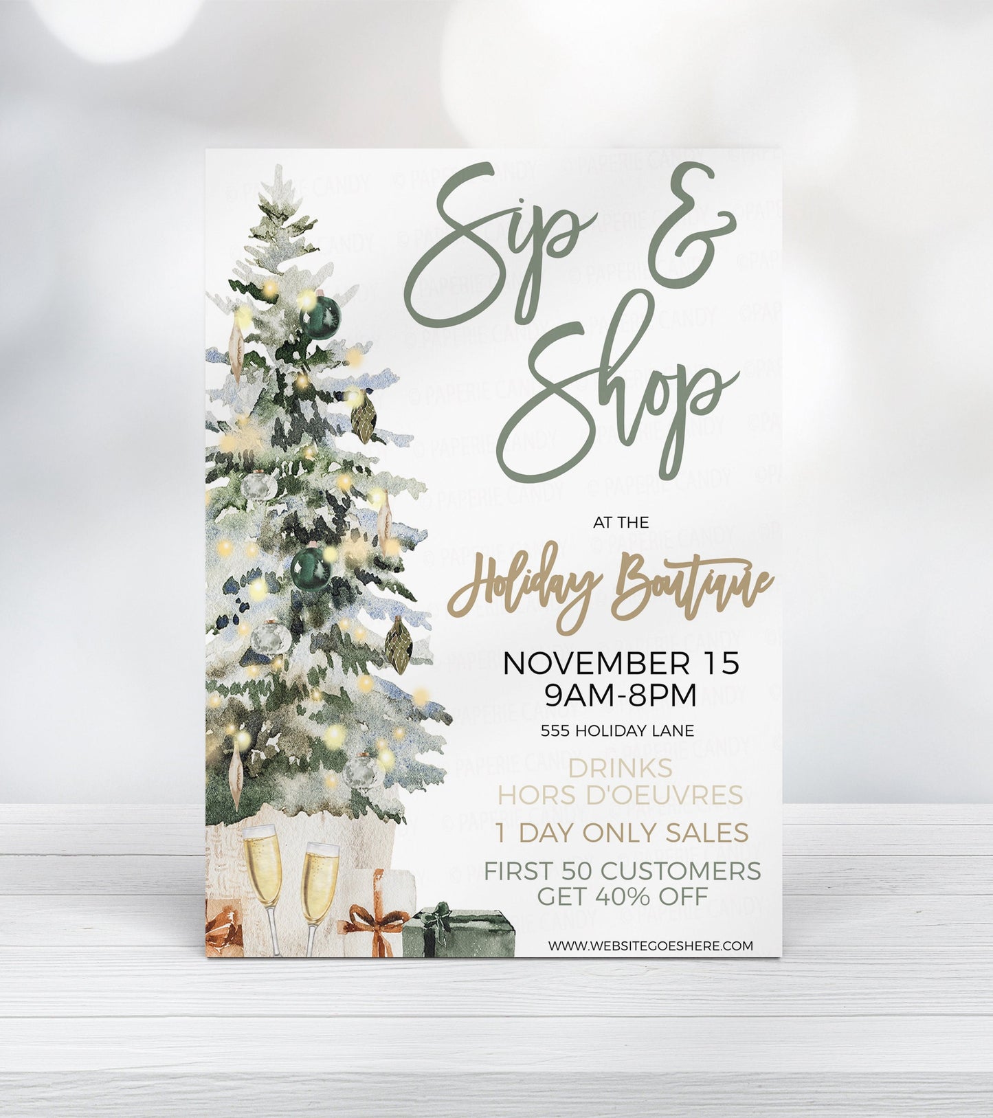 Editable Sip And Shop Invitation, Winter Holiday Christmas Invite, Boutique Store Invite, Open House Event, Company Business, Printable