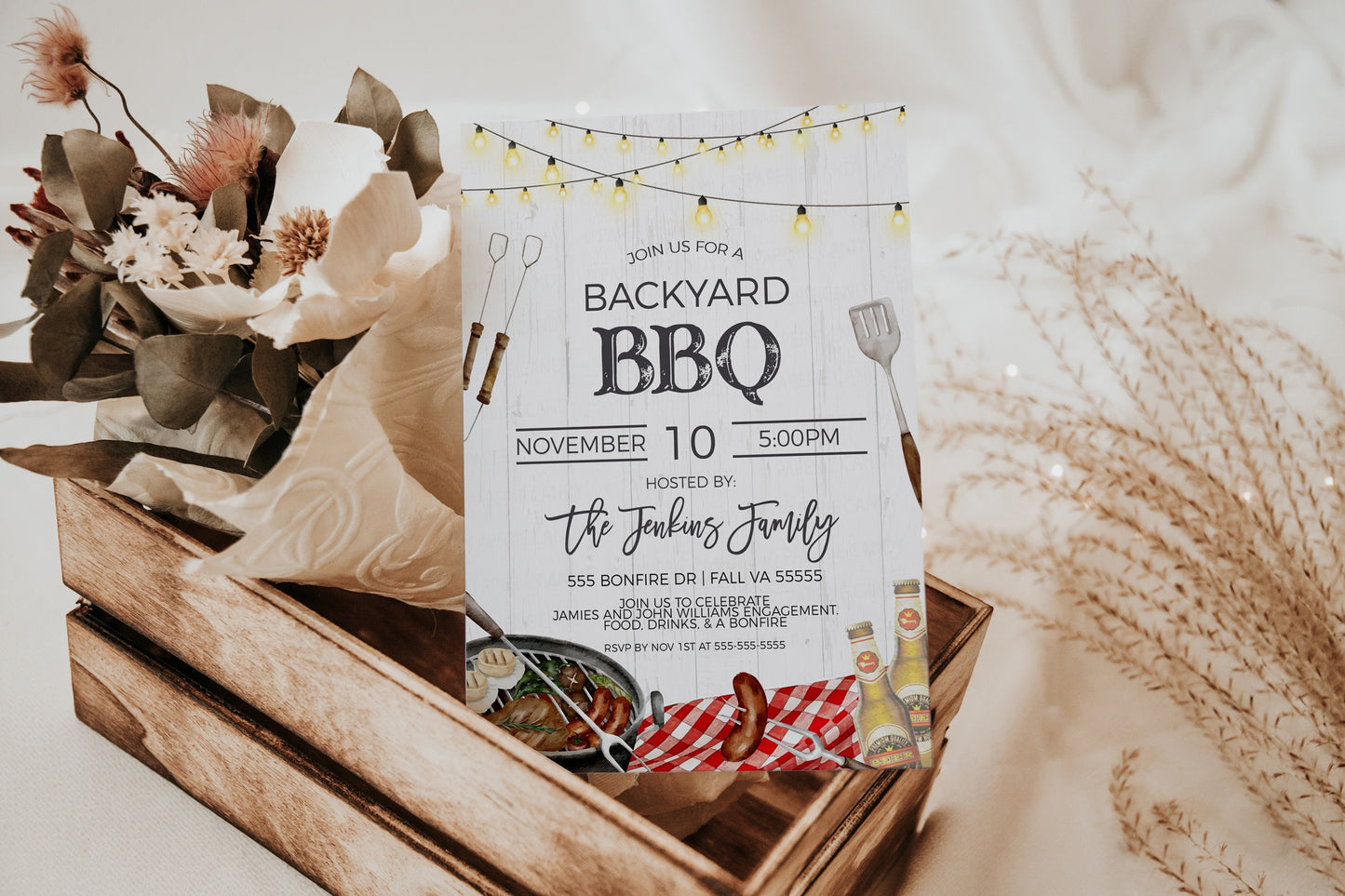 Backyard BBQ Invitation, Barbeque Burgers Beer Invite, Grilling Cookout Barbecue Party, Fall Summer Event Shower Editable Printable Template
