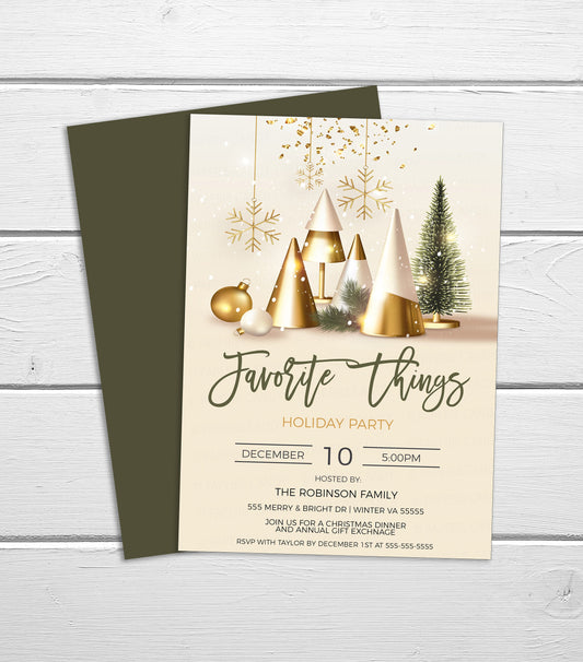 Editable Favorite Things Christmas Party Invitation, Favorite Thing Gift Exchange Invite, Winter Holiday Christmas Tree, Printable Template