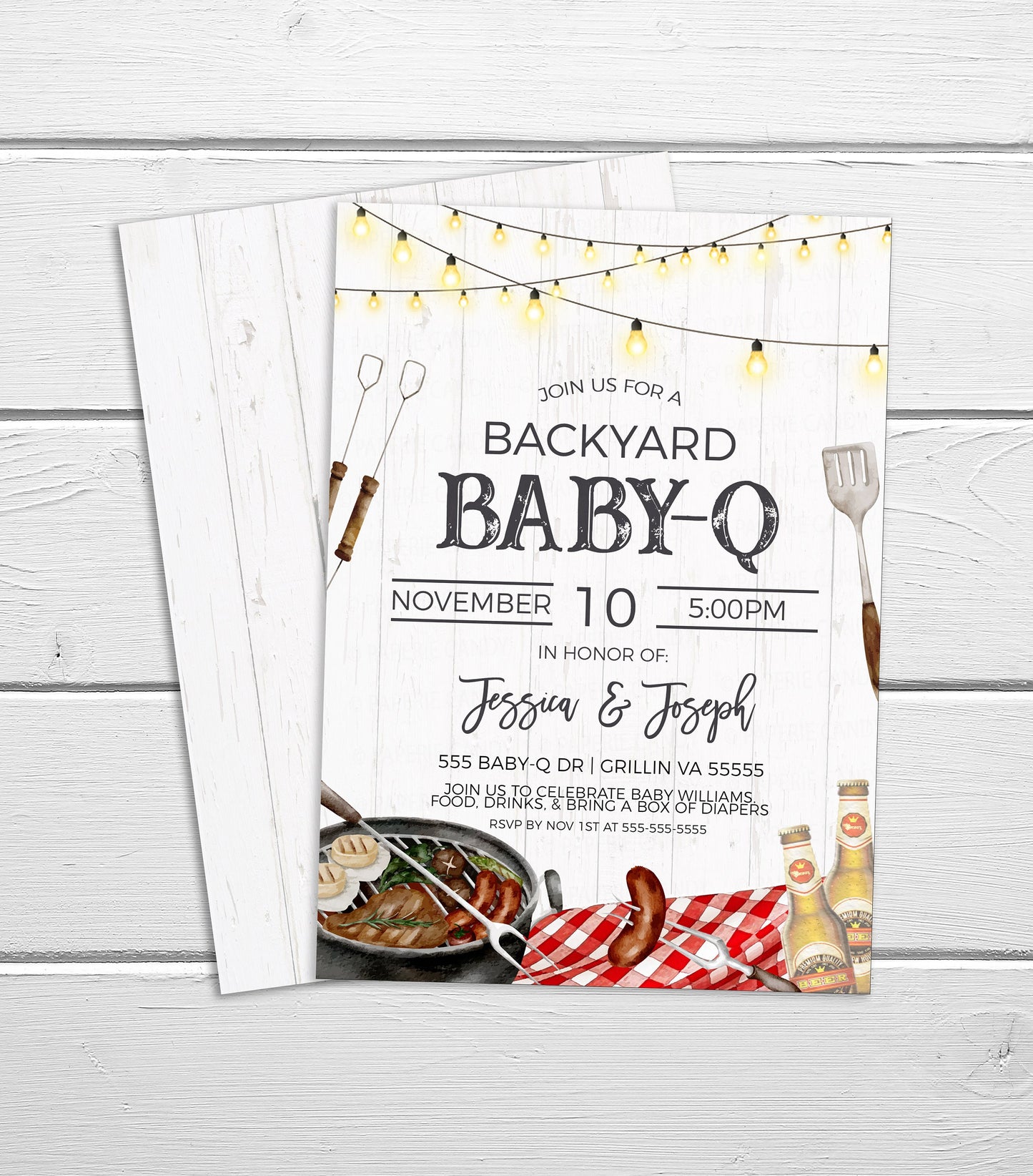 Backyard Baby-Q Couples Shower Invitation, BBQ Burgers Beer Diapers Invite, Backyard Barbecue, Co-Ed Baby Shower Editable Printable Template