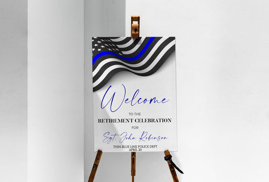 Police Officer Retirement Sign, Editable Thin Blue Line Poster, Police Officer Academy Graduation Ceremony Sign, Police Promotion