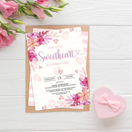 Valentine's Sweetheart Birthday Invitation, Editable Valentine Birthday Invite, Floral Girls Kids Birthday Party, First Birthday, Printable