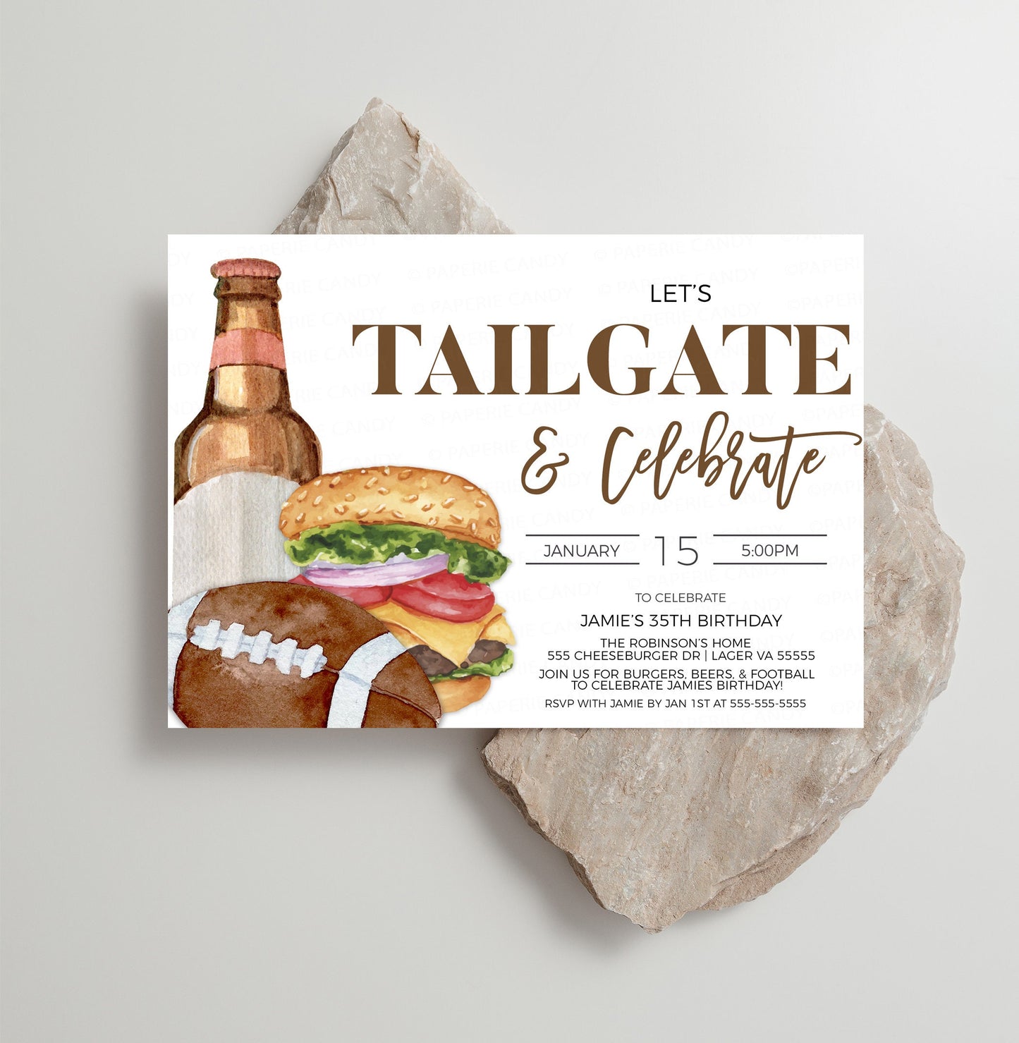 Football Birthday Party Invitation, Tailgate And Celebrate Invite, Burger Beer Football Big Game, 20th 25th 30th 35th 40th 45th 50th Party