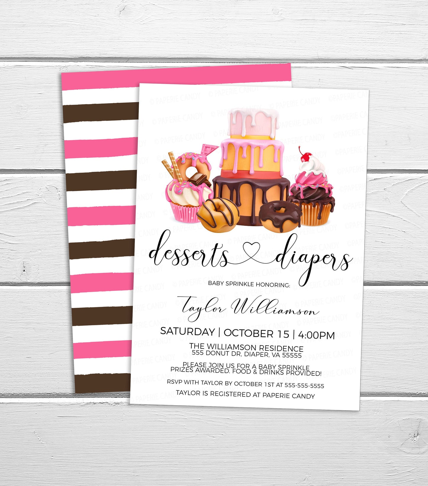 Girl Baby Shower Invitation, Pink Brown Desserts And Diapers Invite, Donuts Baby Sprinkle, Girl Twins Sprinkled With Love Editable Printable