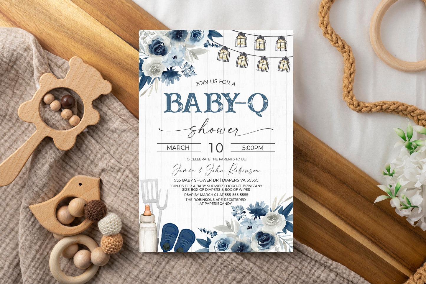 Baby Boy Blue Baby-Q Baby Shower Invitation, Coed Couples Baby Shower BBQ Burgers Beer Invite, Backyard Barbecue, Rustic, Editable Printable