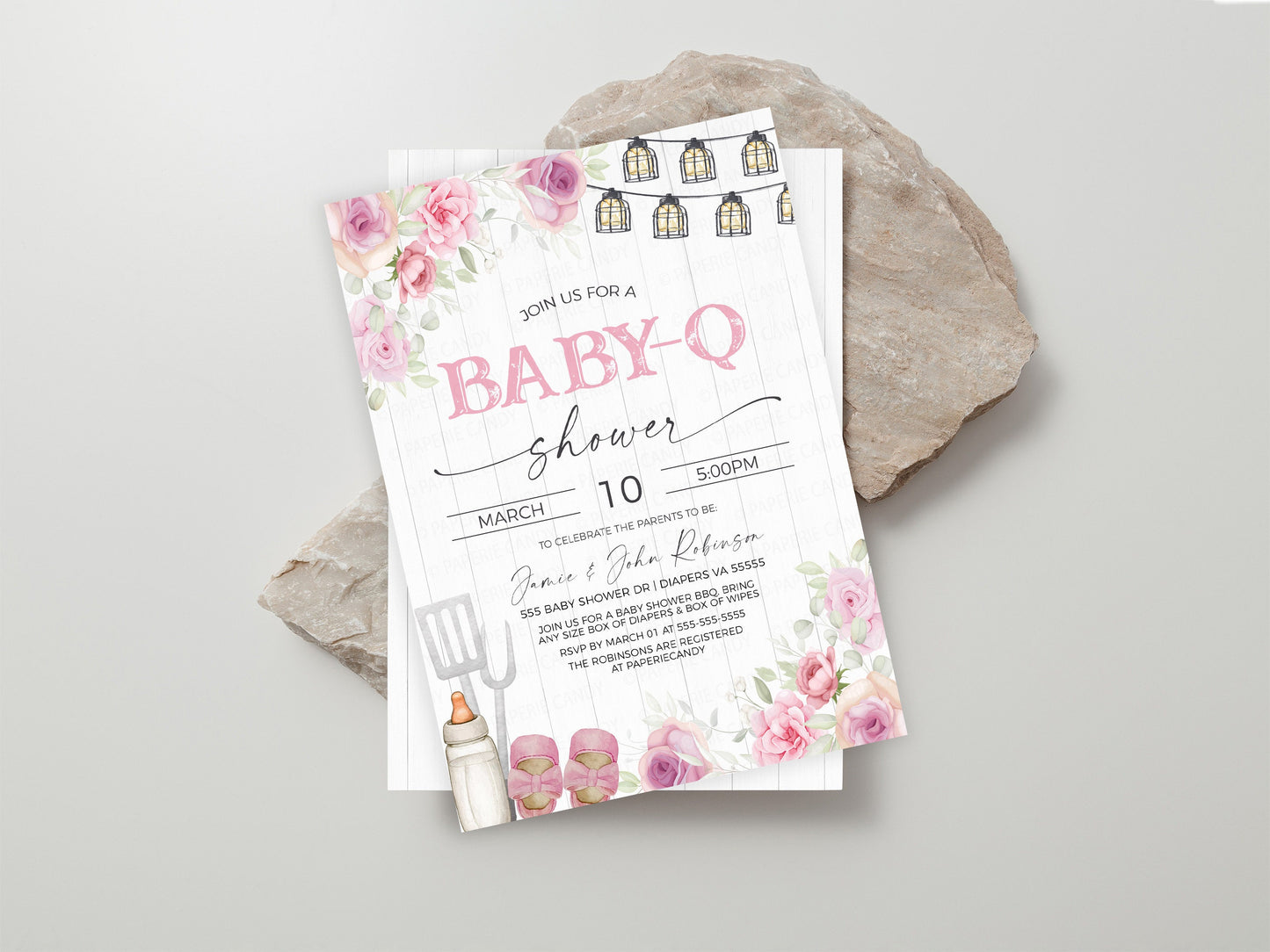 Baby Girl Pink Baby-Q Baby Shower Invitation, Coed Couples Baby Shower BBQ Burgers Beer Invite, Backyard Barbecue, Rustic Editable Printable