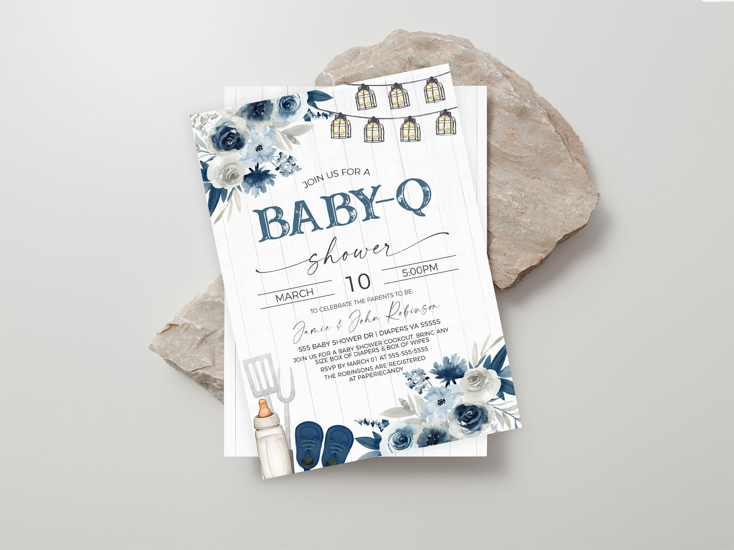 Baby Boy Blue Baby-Q Baby Shower Invitation, Coed Couples Baby Shower BBQ Burgers Beer Invite, Backyard Barbecue, Rustic, Editable Printable