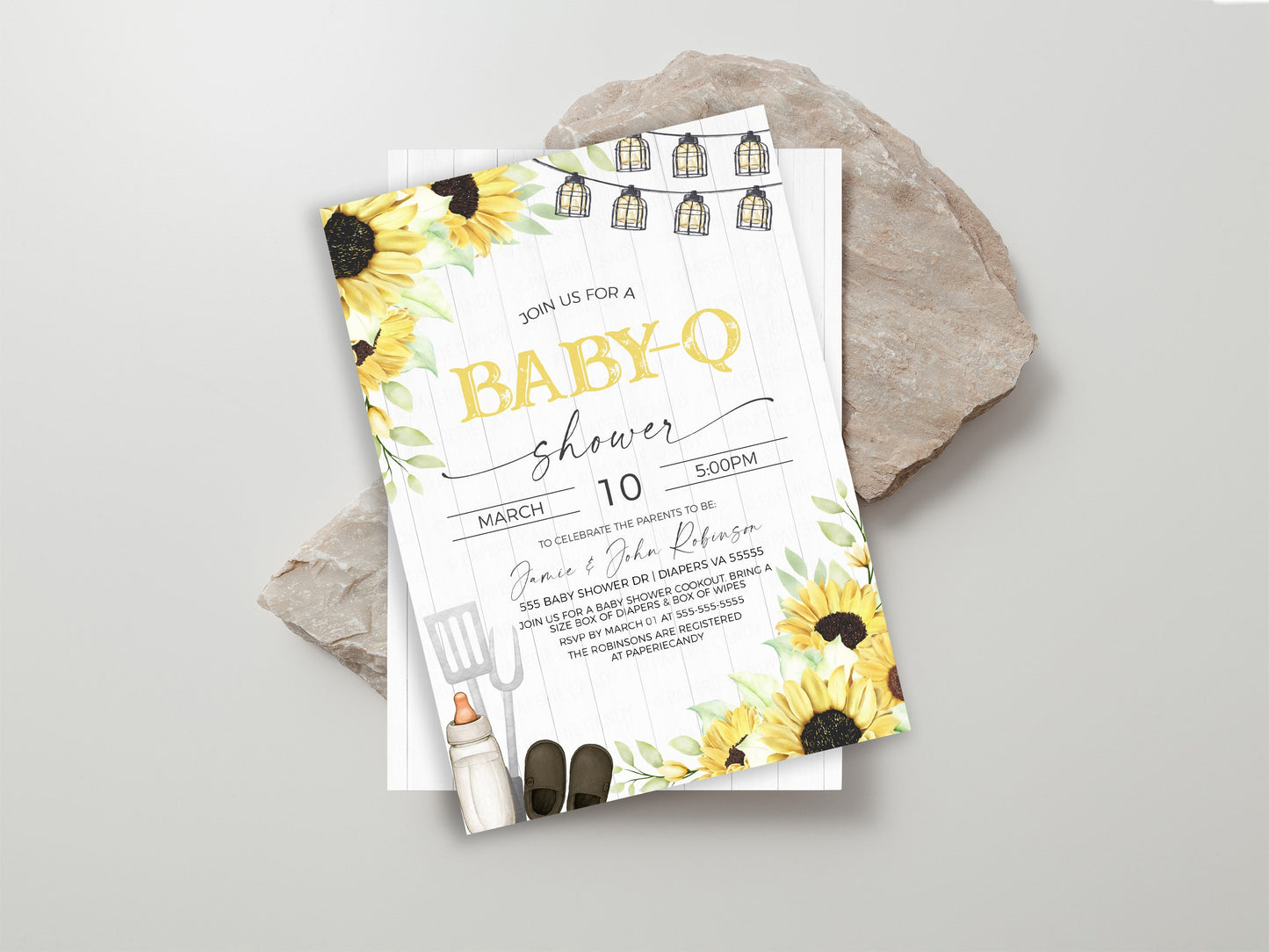 Baby-Q Baby Shower Invitation, Gender Neutral Sunflowers Baby-Q Invite, Coed Couples BBQ Burgers Beer, Backyard Barbecue, Editable Printable