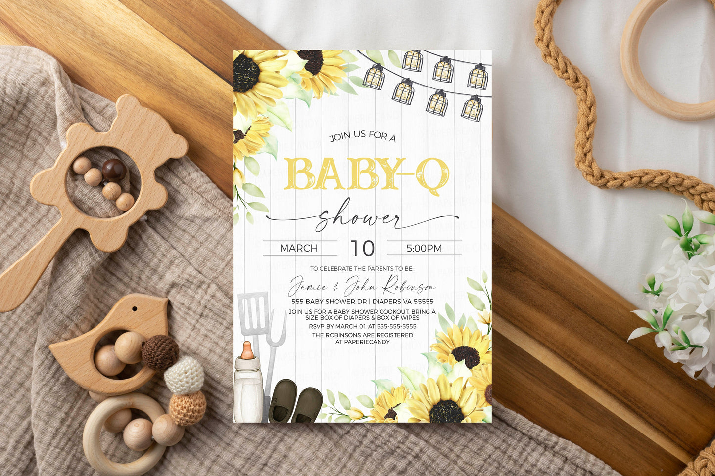 Baby-Q Baby Shower Invitation, Gender Neutral Sunflowers Baby-Q Invite, Coed Couples BBQ Burgers Beer, Backyard Barbecue, Editable Printable