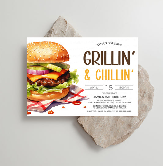 Grillin' And Chillin' Invitation, BBQ Barbeque Invite, Burgers Beer Birthday Party, Grilling Cookout Barbecue Party, Printable Template