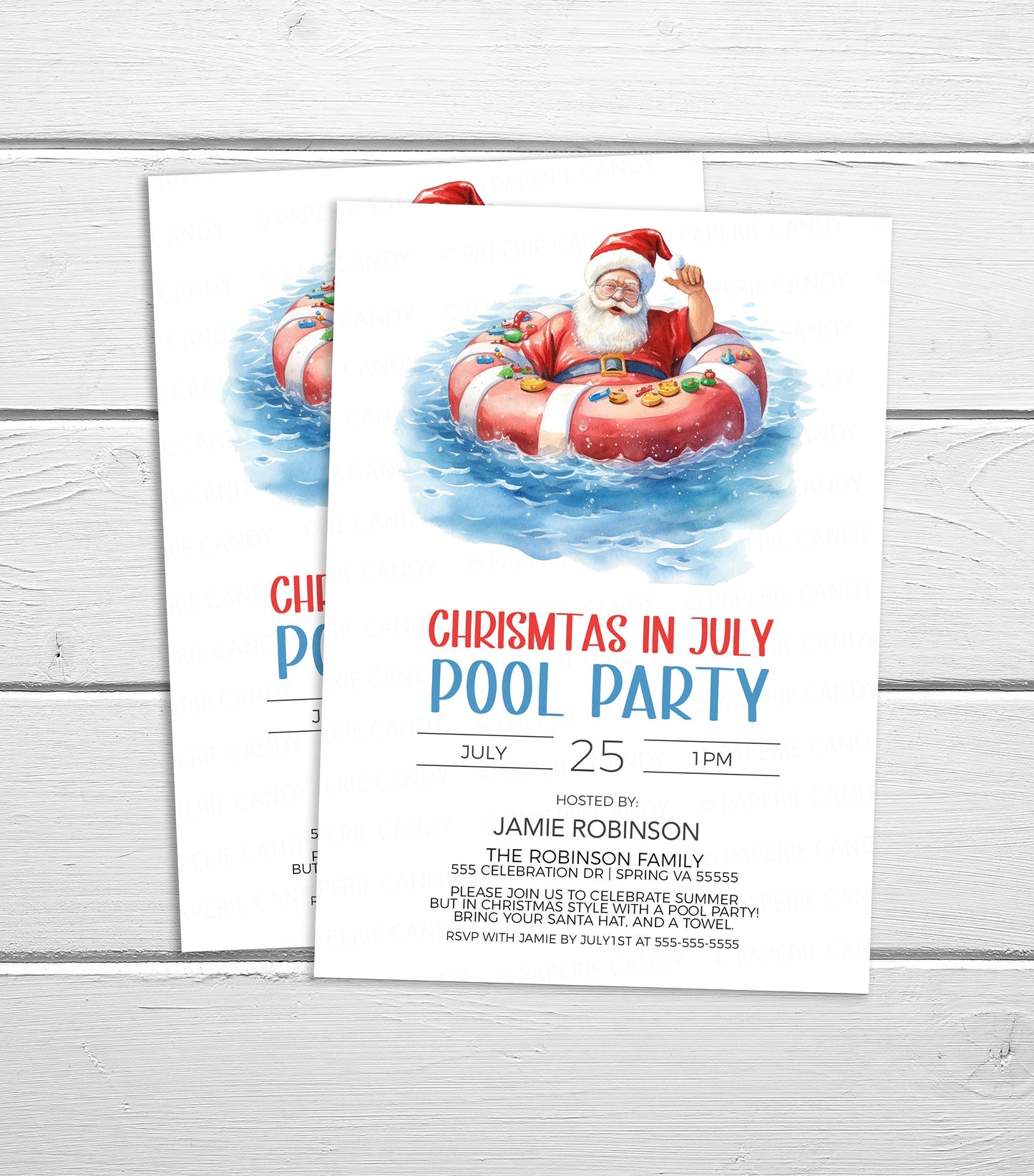 Christmas In July Pool Party Invitation, Christmas In Summer Pool Party Invite, Summer Santa Pool Party, Editable Printable Template