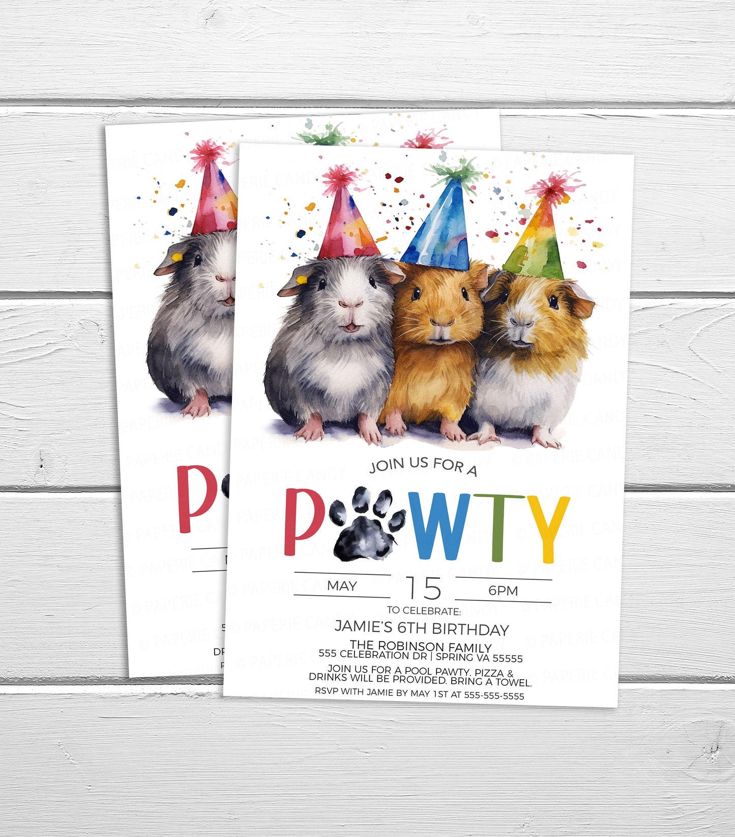 Guinea Pig Invitation, Guinea Pawty Invite, Guinea Piggies Birthday Party, Let's Pawty Calling All Pawty Animals Editable Printable Template
