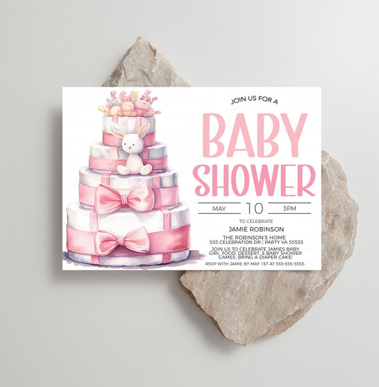 Pink Baby Shower Invitation, Pink White Diaper Cake Baby Shower Invite, Diaper Baby Shower, Pink Baby Sprinkle, Editable Printable