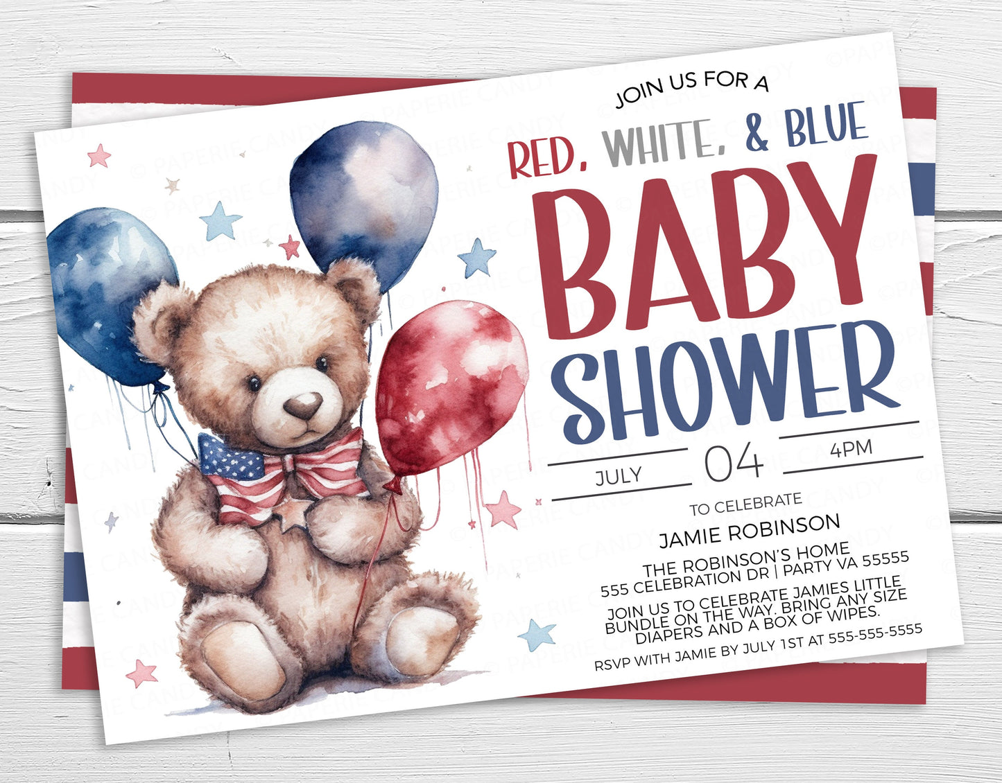 Patriotic Baby Shower Invitation, Red White Blue Baby Shower Invite, Red White Blue Baby, American Flag Teddy Bear Baby Shower, Military