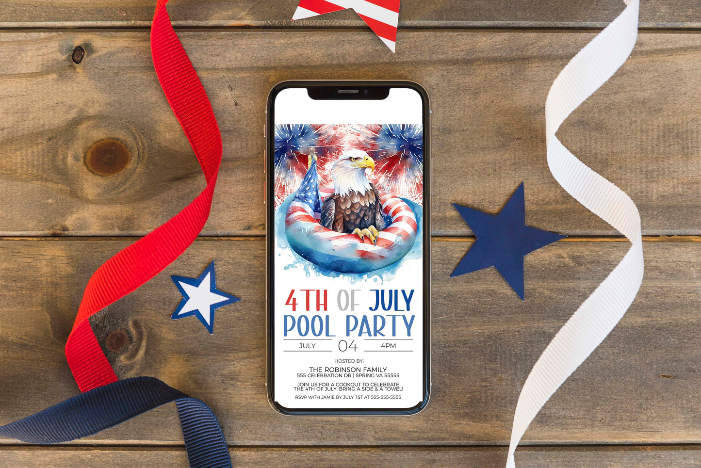 4th Of July Pool Party Invitation, Independence Day Pool Party Invite, July 4th BBQ Pool Party, American Bald Eagle, Editable Printable