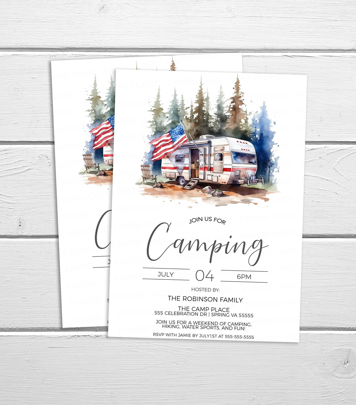 Patriotic Camping Invitation, RV Camping Party Invite, Independence Day, 4th of July, Labor Day, Memorial Day, Editable Printable Template