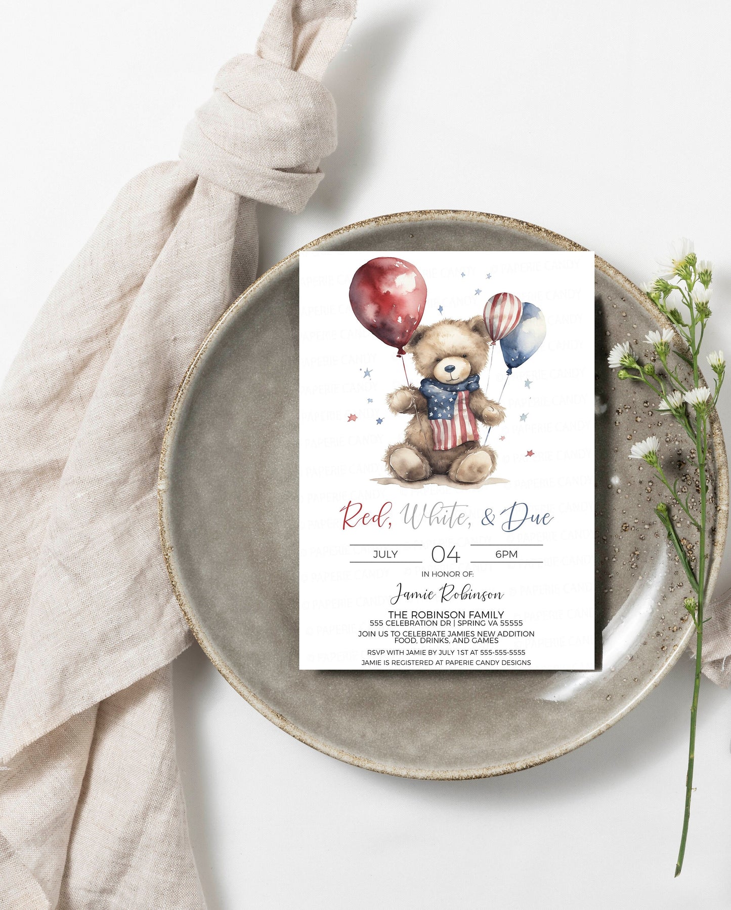 Red White & Due Baby Shower Invitation, 4th Of July, Red White Blue Patriotic Baby Shower Invite, American Flag Teddy Bear Baby Shower