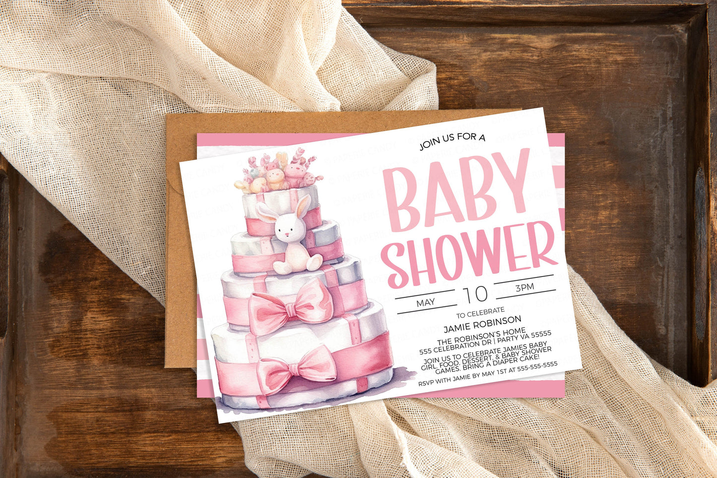 Pink Baby Shower Invitation, Pink White Diaper Cake Baby Shower Invite, Diaper Baby Shower, Pink Baby Sprinkle, Editable Printable