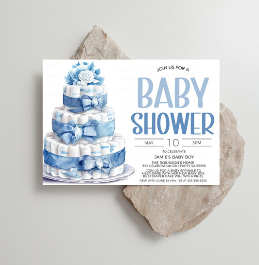 Blue Baby Boy Shower Invitation, Blue White Diaper Cake Baby Shower Invite, Diaper Baby Shower, Blue Baby Sprinkle, Editable Printable