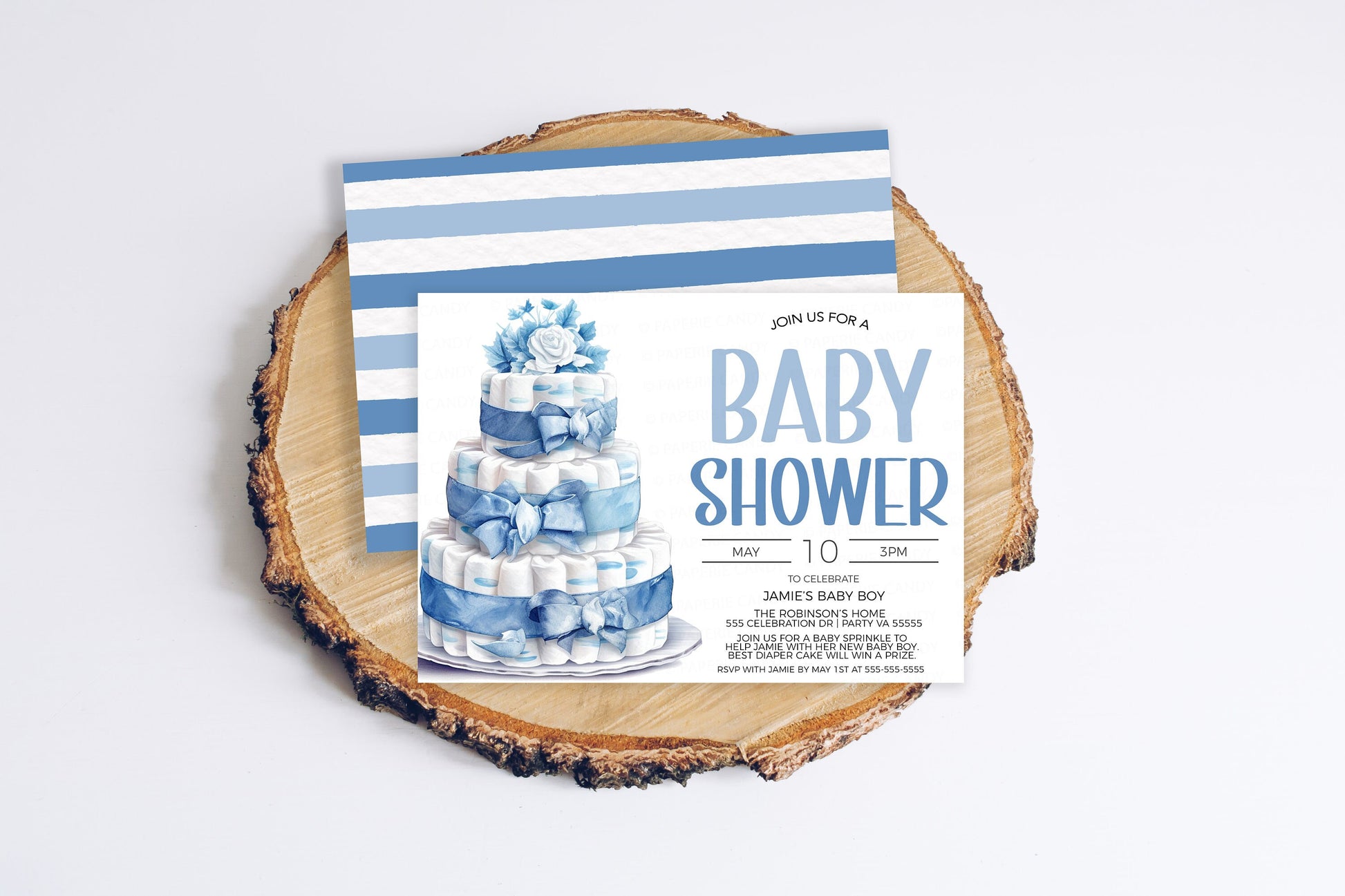 Blue Baby Boy Shower Invitation, Blue White Diaper Cake Baby