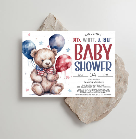 Patriotic Baby Shower Invitation, Red White Blue Baby Shower Invite, Red White Blue Baby, American Flag Teddy Bear Baby Shower, Military