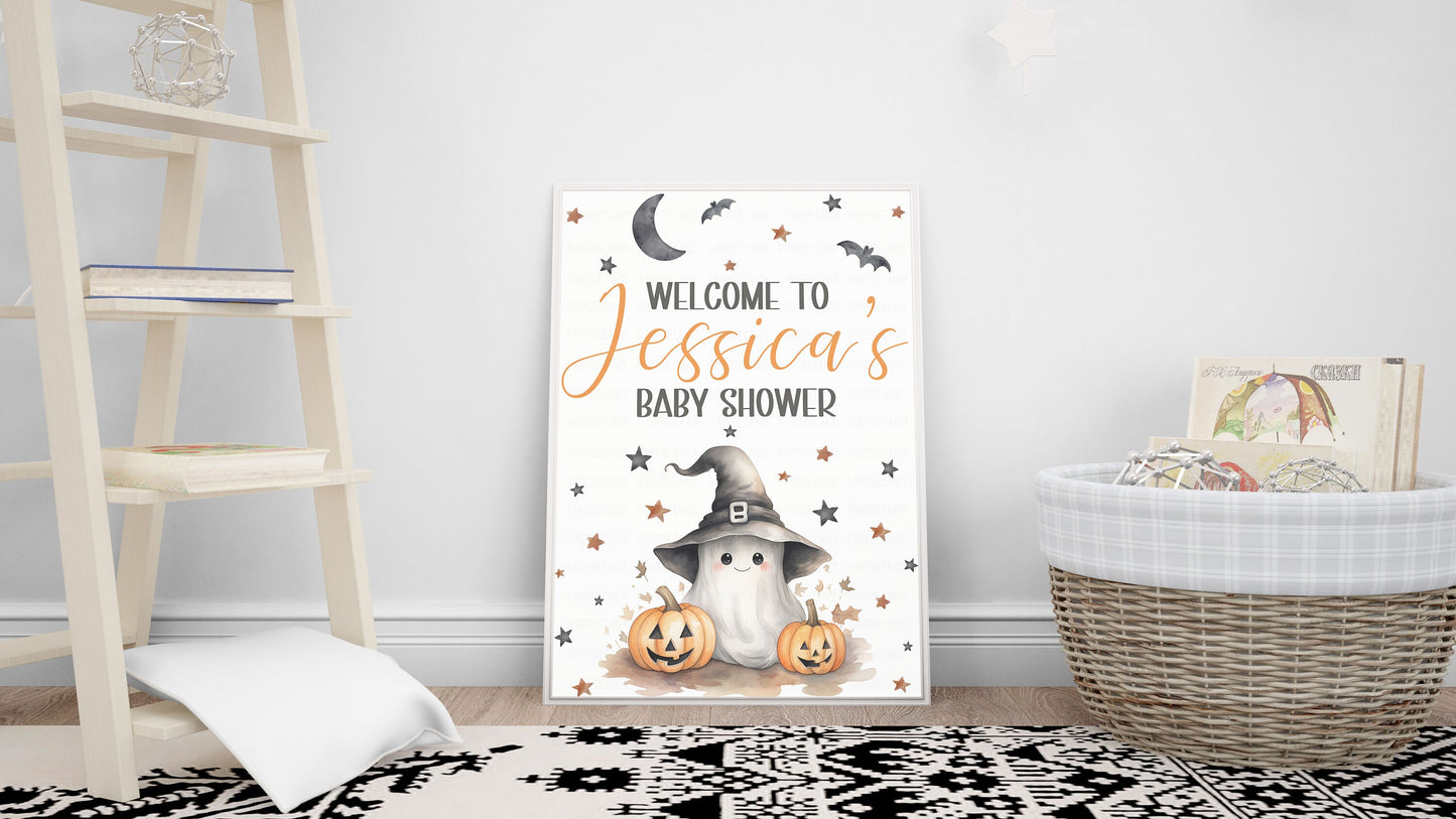 Halloween Baby Shower Welcome Sign, Editable Printable Halloween Baby Shower Sign, A Little Boo Is Almost Due Sign, Baby Ghost Theme