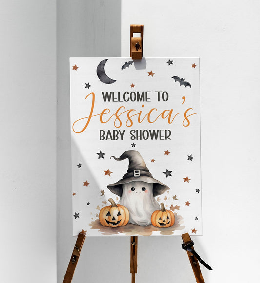 Halloween Baby Shower Welcome Sign, Editable Printable Halloween Baby Shower Sign, A Little Boo Is Almost Due Sign, Baby Ghost Theme