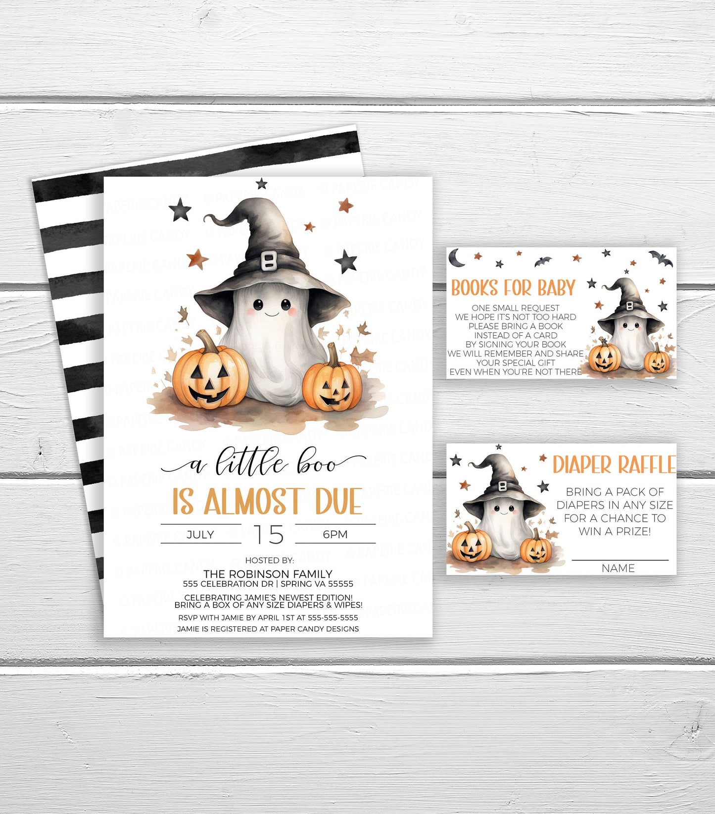 Halloween Baby Shower Invitation Bundle, Invite Diaper Raffle Ticket And Books For Baby Tickets, Little Boo Is Almost Due Editable Printable