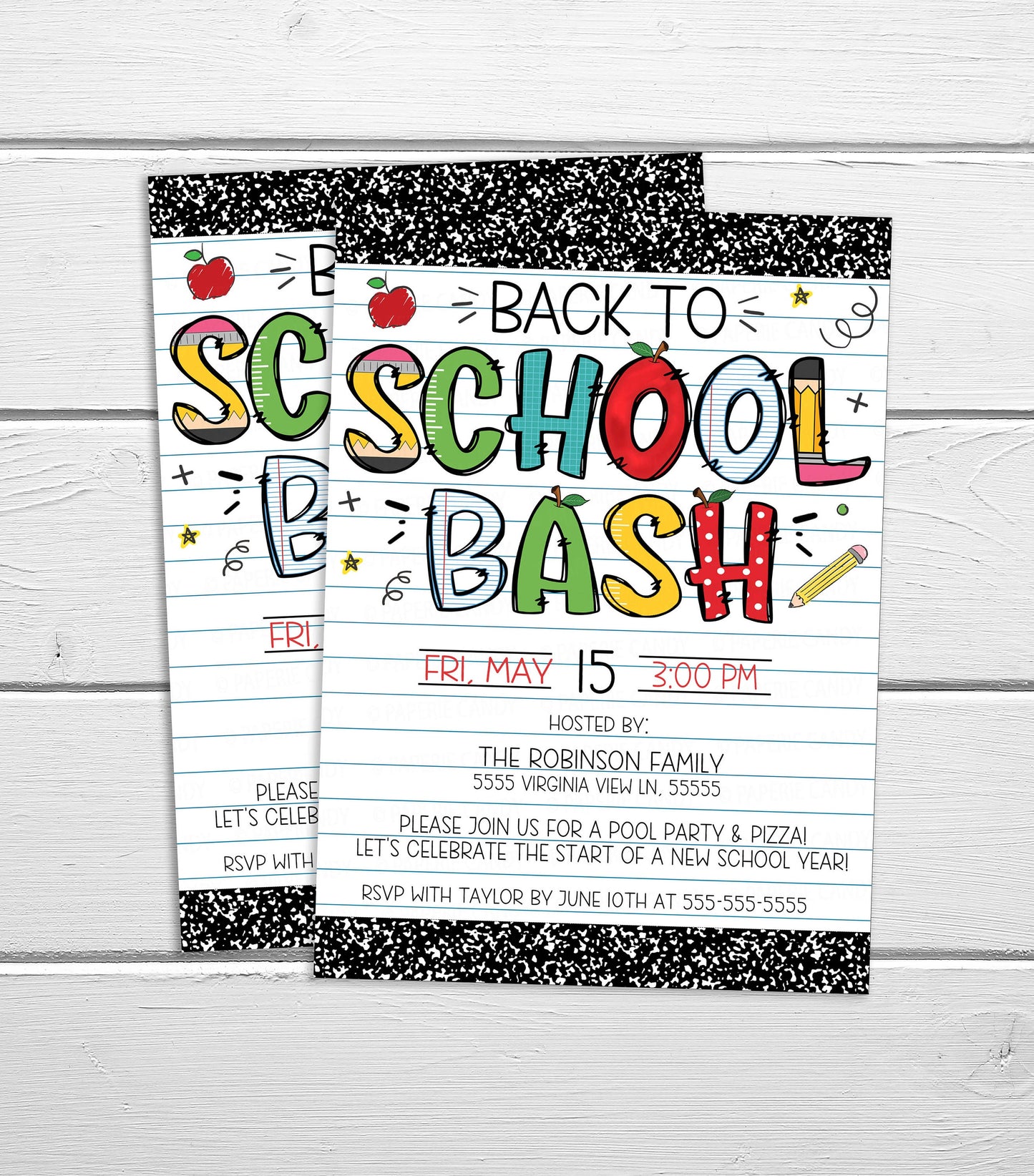 Back To School Party Invitation, Back To School Bash Invite, End Of Summer Party, Preschool Kindergarten Elementary, Editable Template